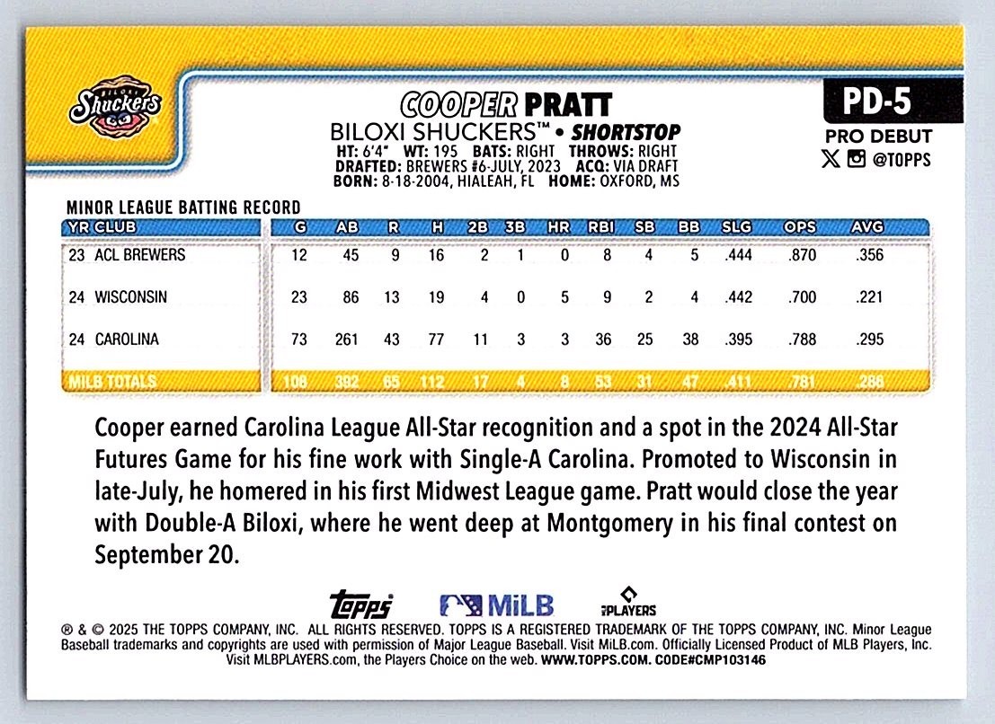 COOPER PRATT SHUCKERS 2025 TOPPS PRO DEBUT #PD-5