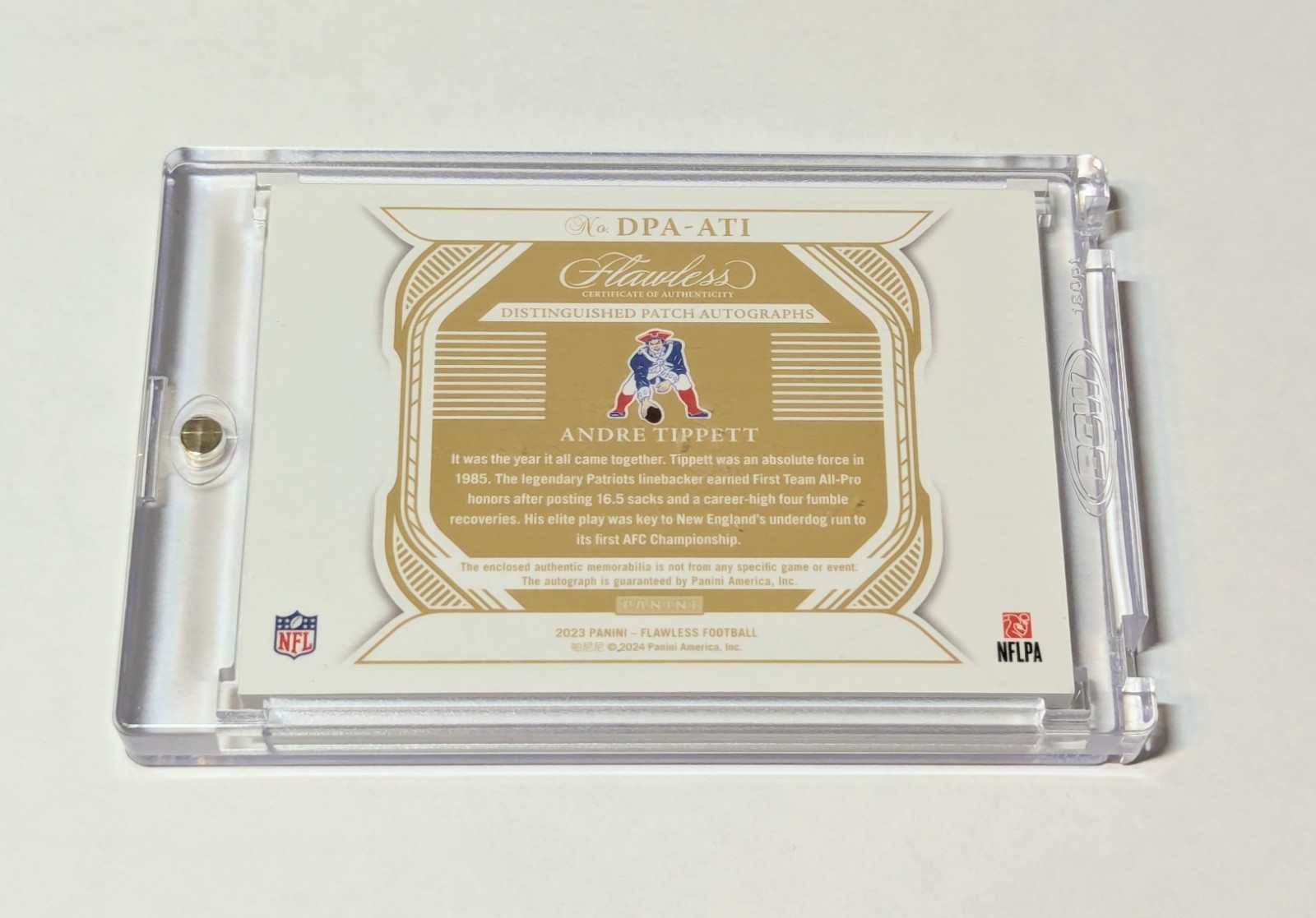 2023 Panini Flawless Andre Tippett Auto 5/5 NFL Shield Nike Swoosh #DPA-ATI
