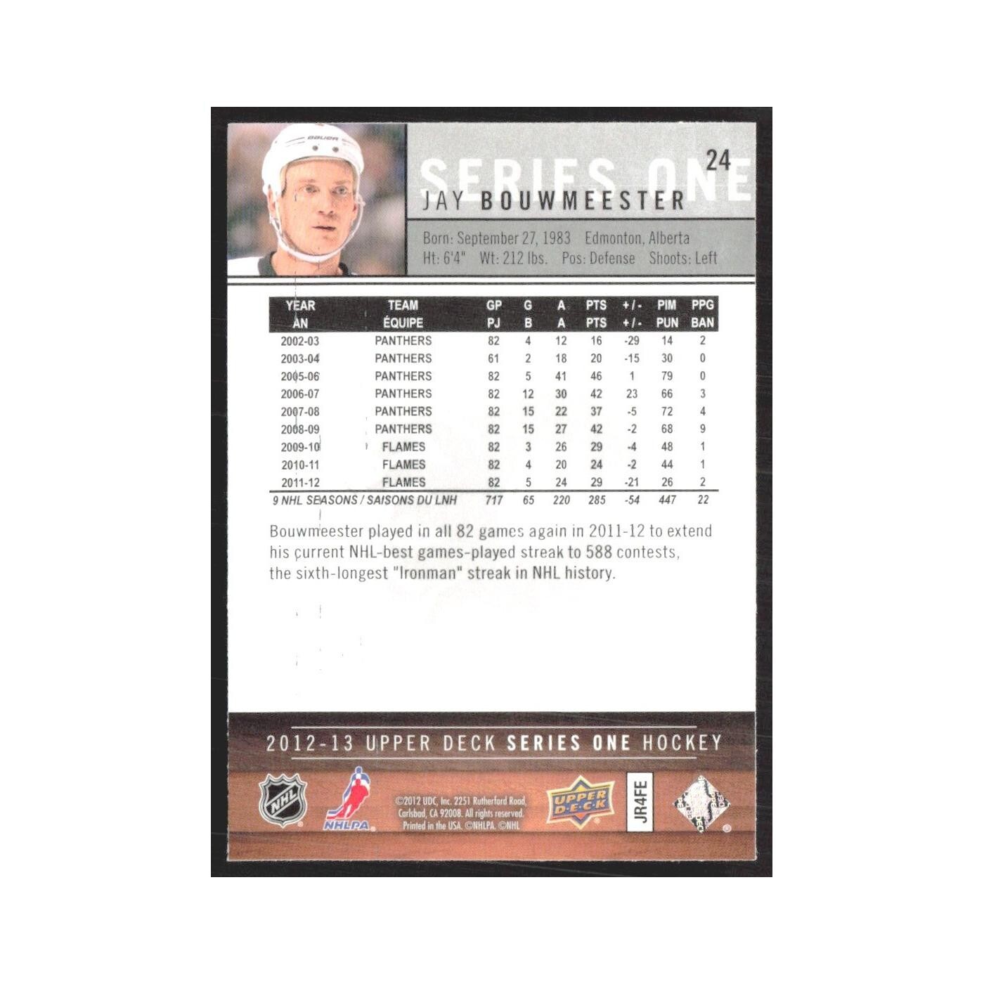 2012 Upper Deck Jay Bouwmeester Calgary Flames #24