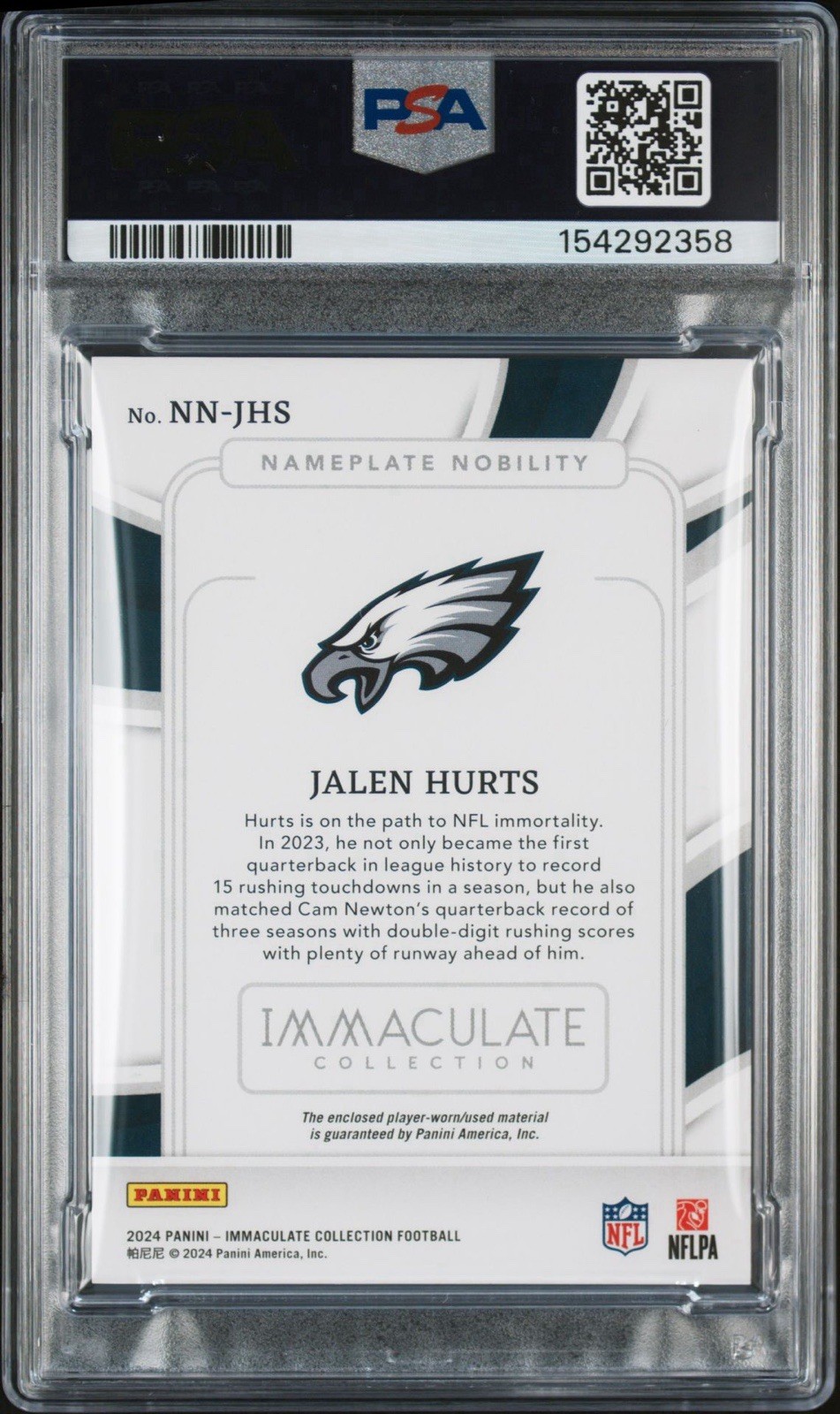 2024 Panini Immaculate – Jalen Hurts #NN-JHS Nameplate Nobility Patch /5