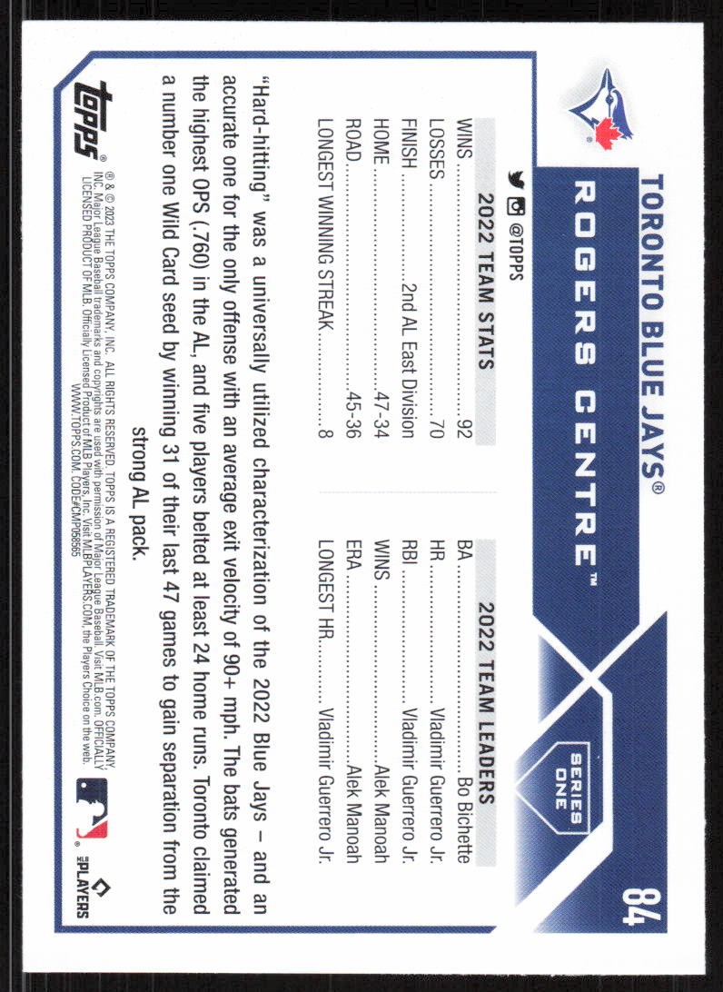 2023 Topps #84 Toronto Blue Jays TC – FREE SHIP