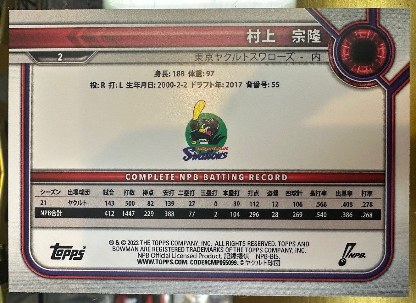 2022 Topps Bowman NPB Munetaka Murakami #2 Yakult Swallows