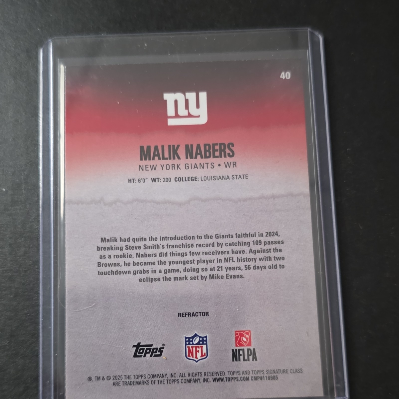 2025 Topps Signature Class Malik Nabers Refractor Round 1 Pick #40 Giants