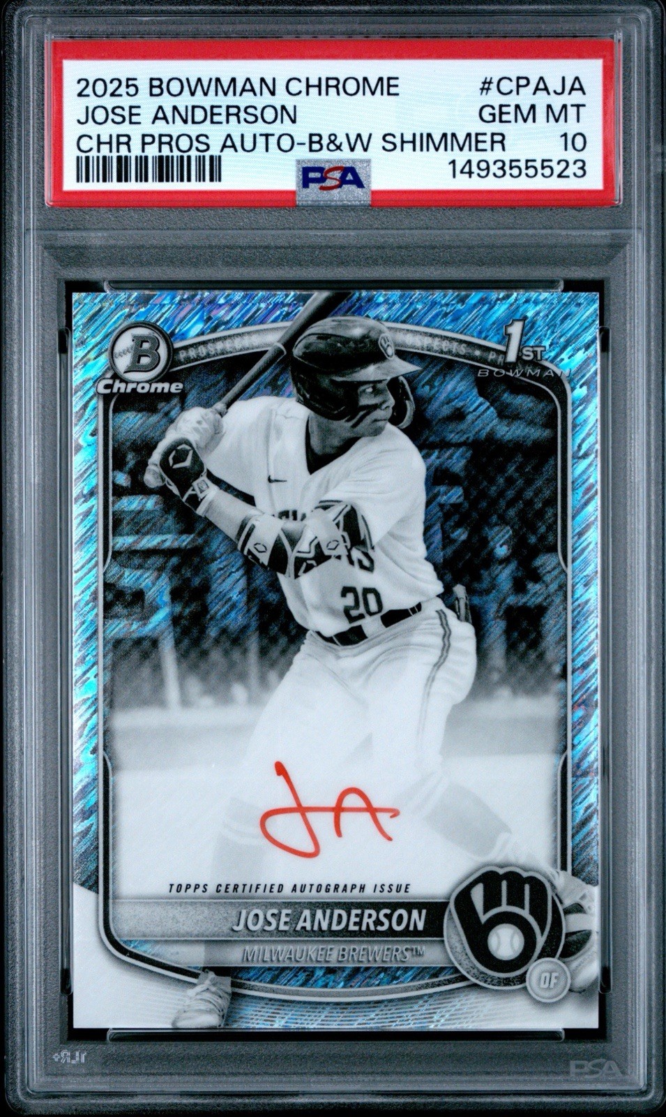 2025 Bowman Prospects JOSE ANDERSON Black/White Shimmer Red Ink Auto SSP PSA 10