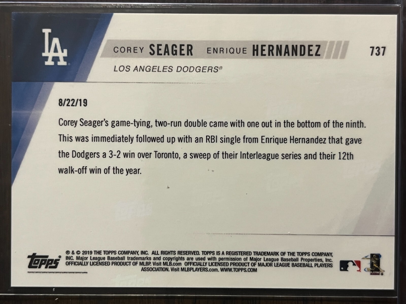 2019 Topps Now #737 Corey Seager Enrique Hernandez Los Angeles Dodgers