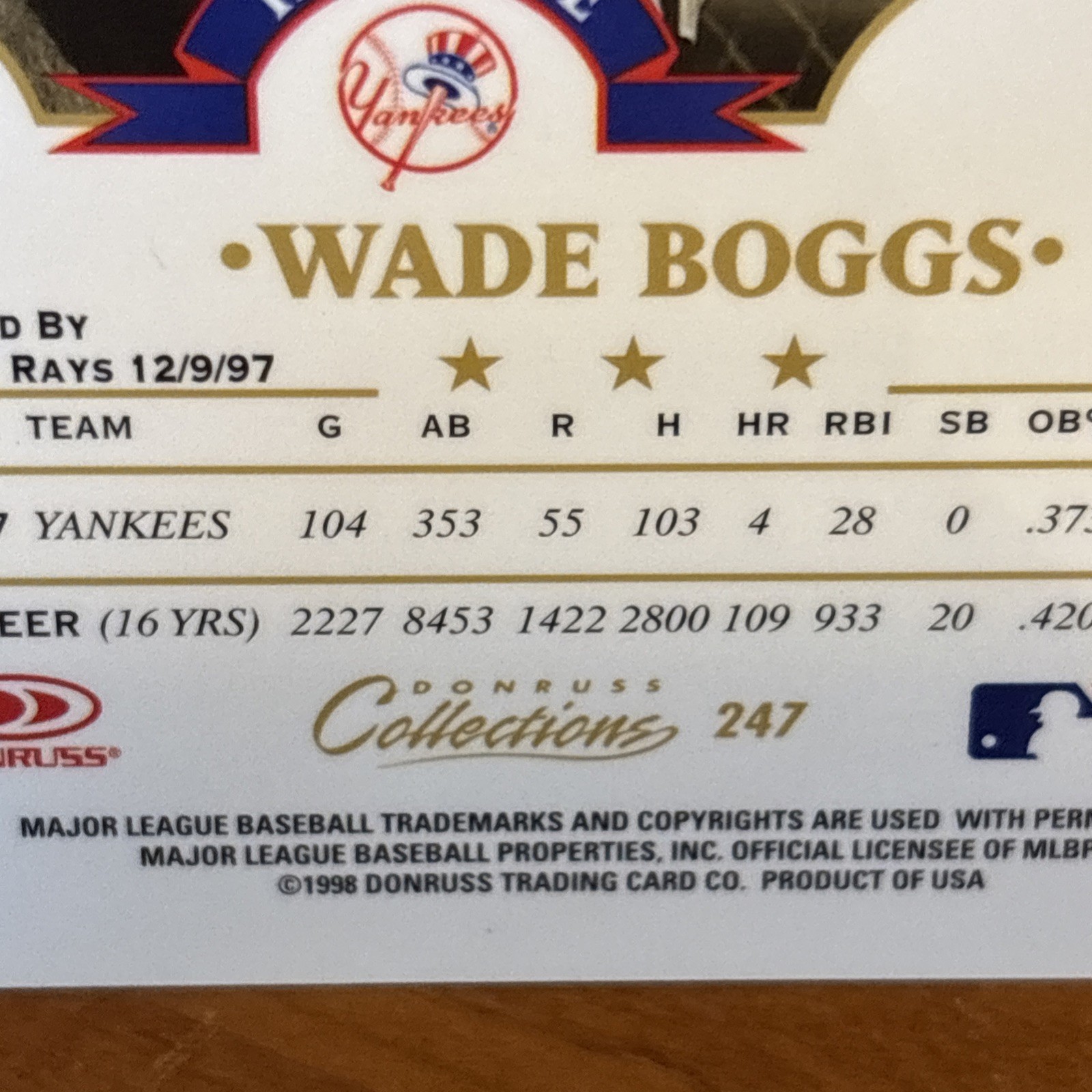 1998 Donruss Collections WADE BOGGS Leaf Prized Collection SP #48