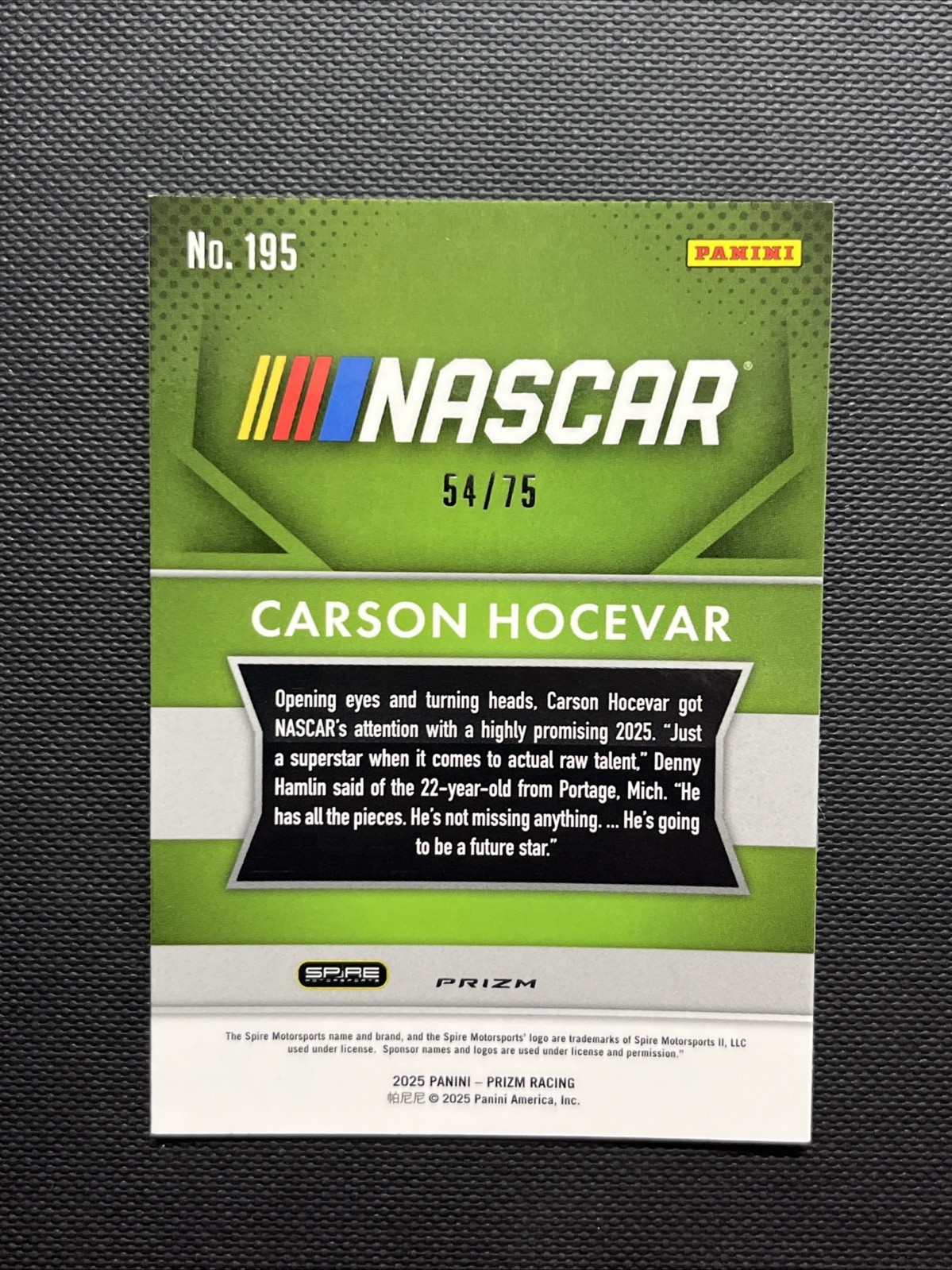 Carson Hocevar 2025 Panini Prizm Throwback Checkered Flag Parallel SP /75