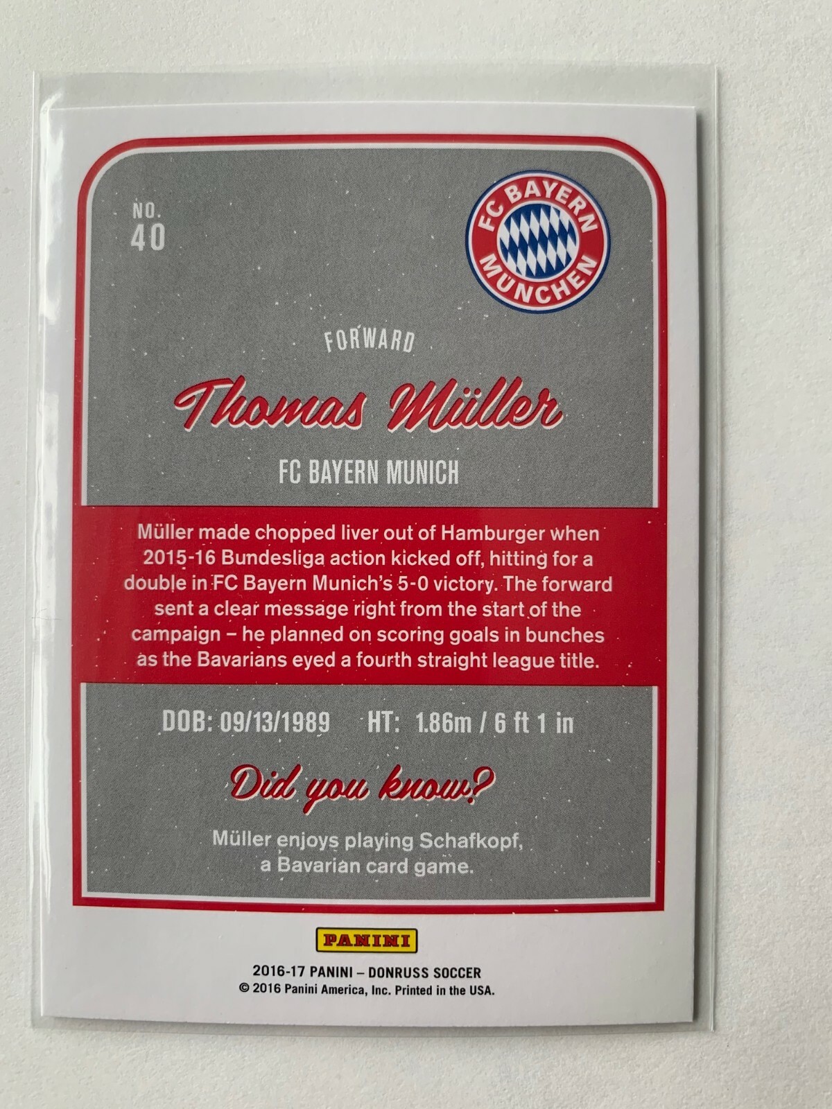 2016-17 Thomas Muller Panini Donruss Soccer Card #40 FC Bayern Munich Germany
