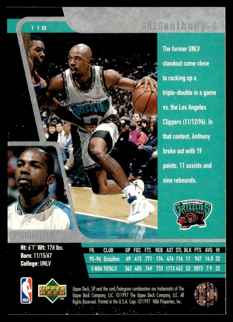 1998-99 Upper Deck SP Greg Anthony Memphis Grizzlies #118