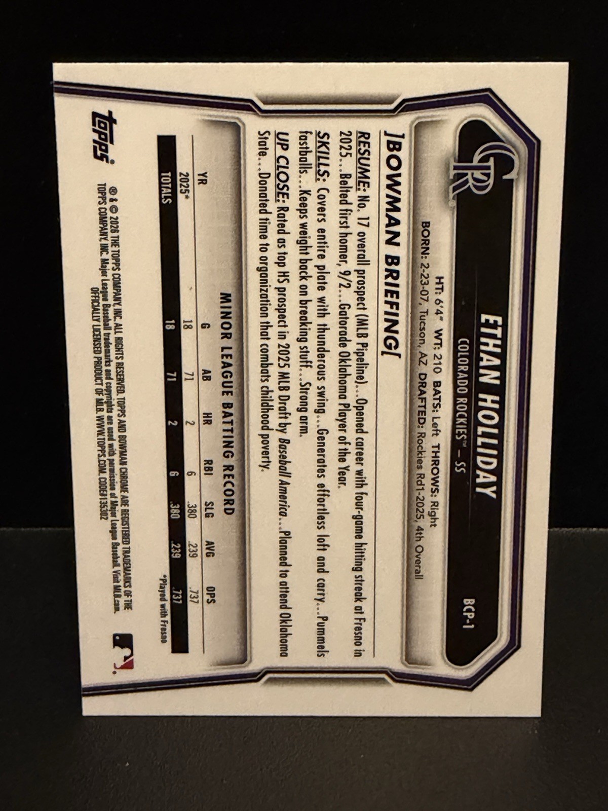 2026 Bowman Chrome Prospects Ethan Holliday 1st Bowman #BCP-1 Rockies
