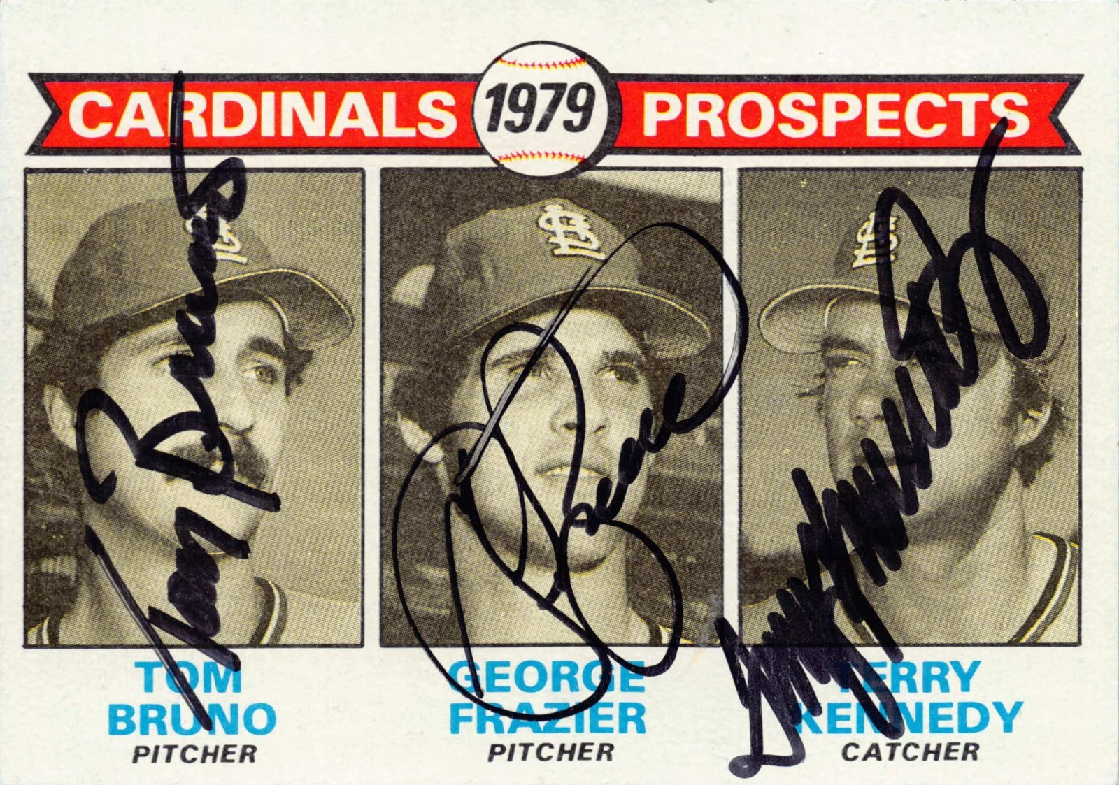 Terry Kennedy Tom Bruno George Frazier signed baseball card 1979 Topps #724 STL