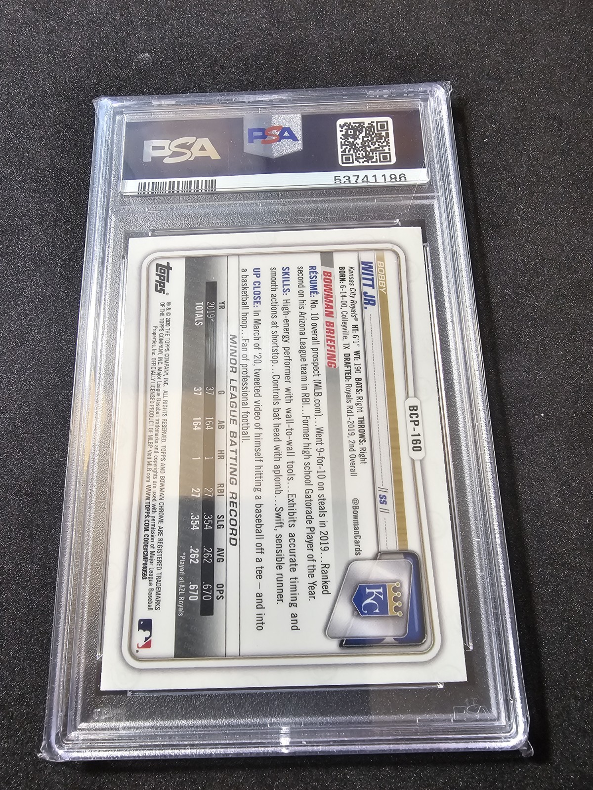 2020 Bowman Chrome #BCP160 Bobby Witt Jr Mega Box PSA 10