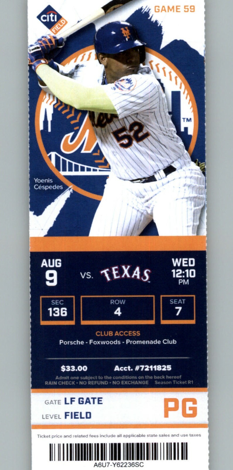 Texas Rangers vs New York Mets 8/9/2017 Full Ticket – Yoenis Cespedes