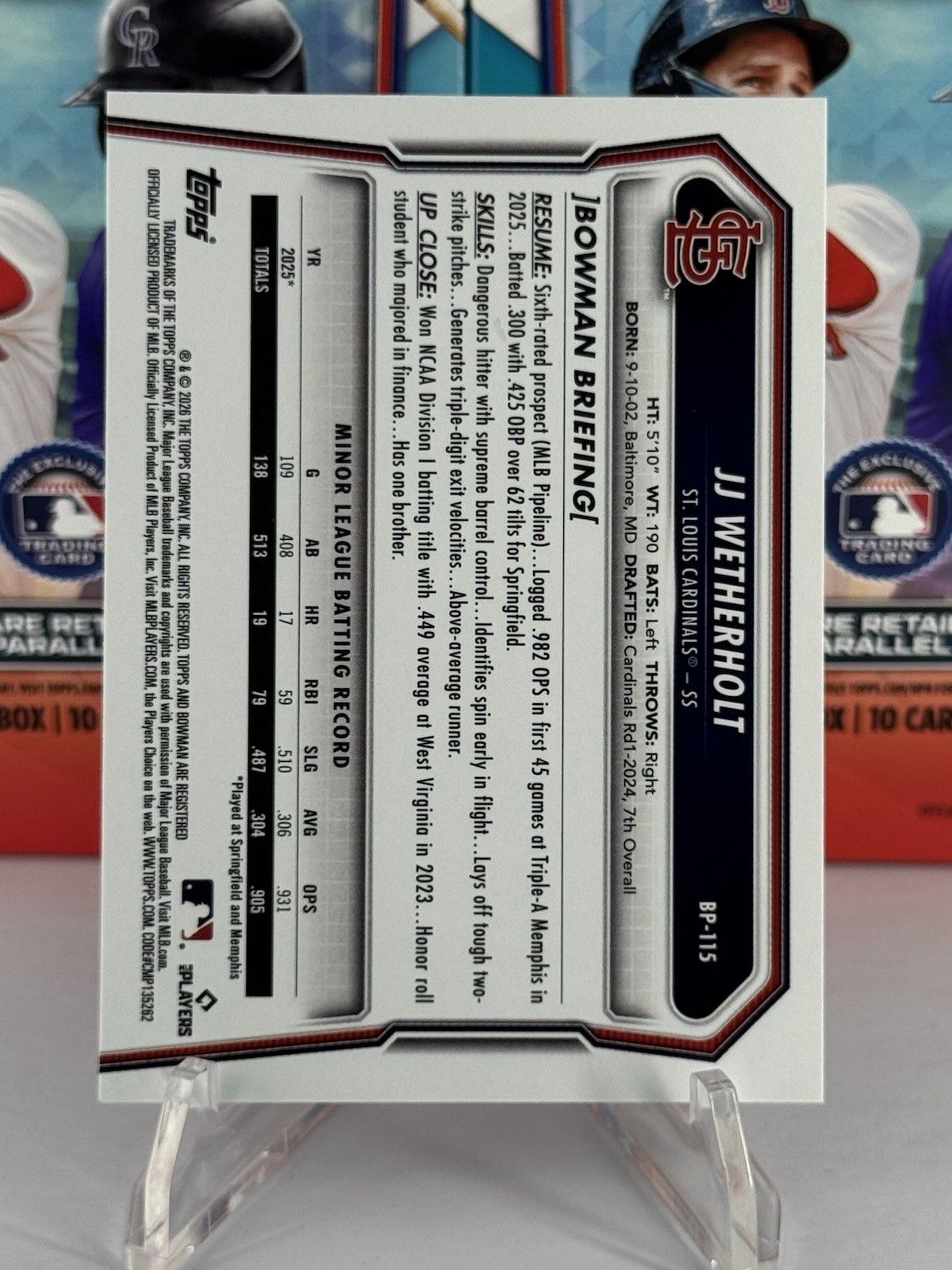JJ Weatherholt Bowman 2026 Rookie Base Paper Card – Cardinals #BP-115 🔥