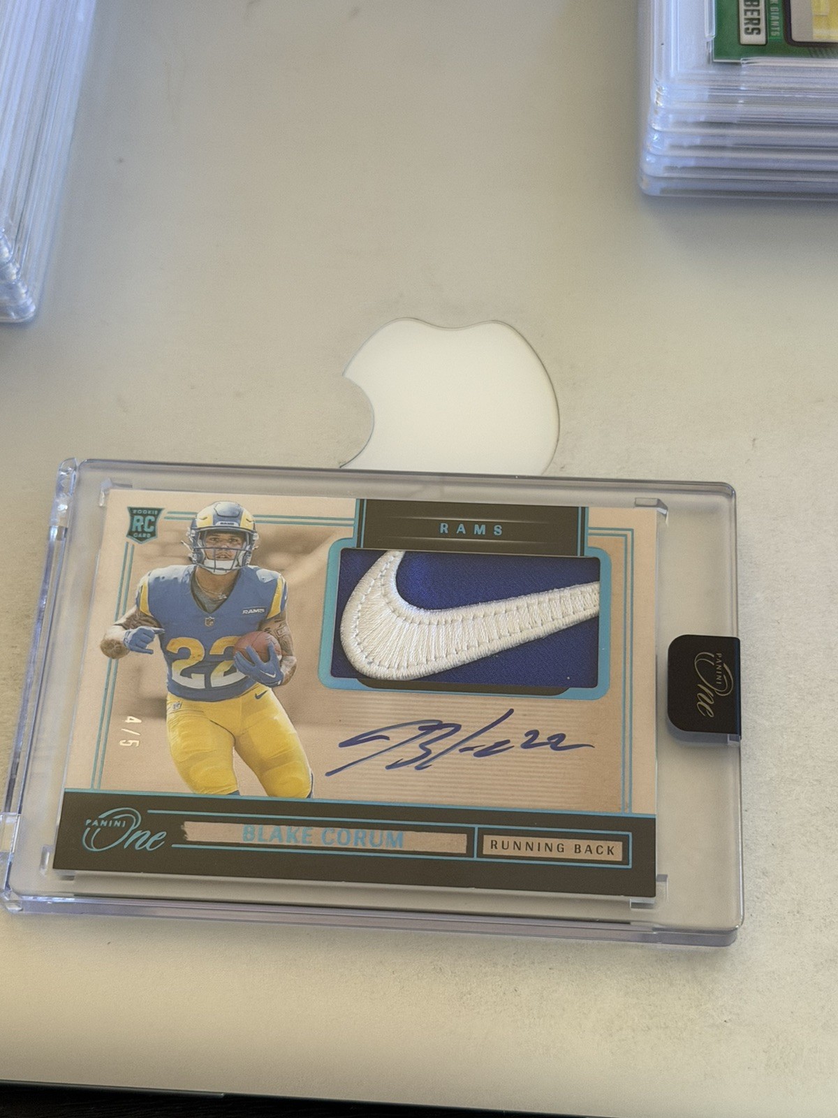 2024 Panini One – Blake Corum Nike swoosh patch Auto /5 Rams