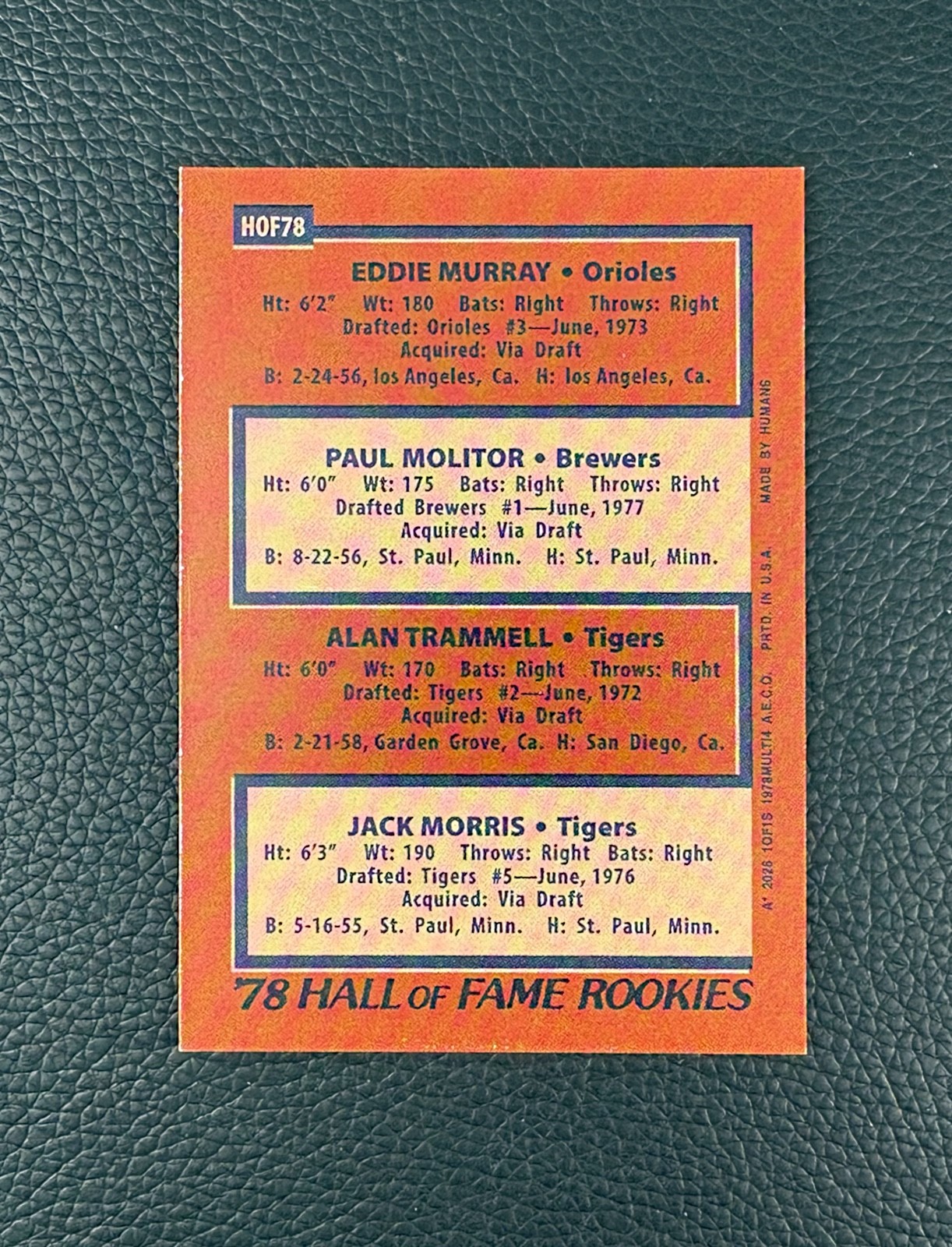 1978 Rookie HOF Paul Molitor, Alan Trammell, Eddie Murray, Jack Morris Art Card