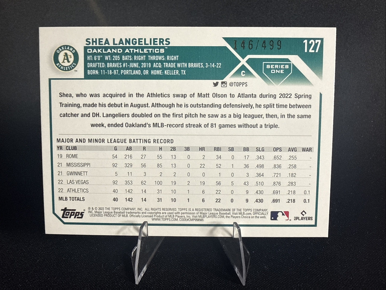 💚💛 2023 Topps Shea Langeliers #127 Green Foil /499 (RC) Rookie A’s Color Match