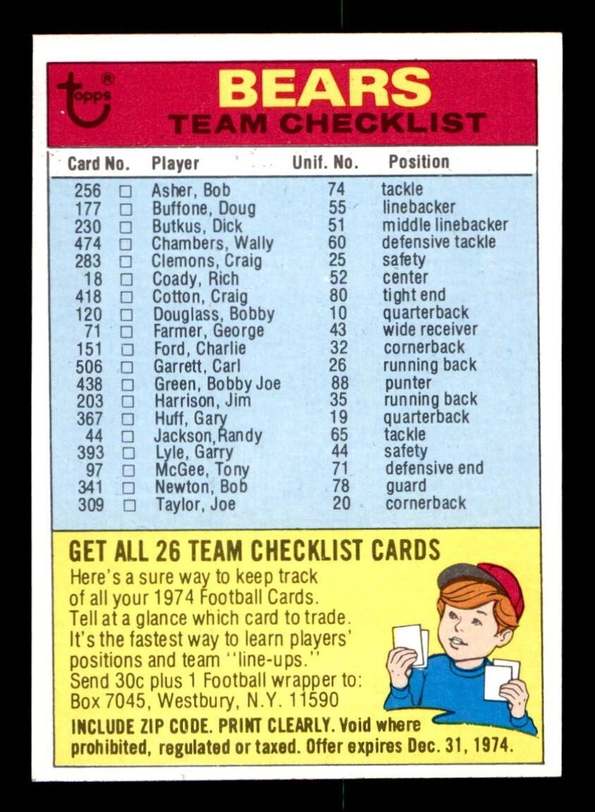 1974 Topps Football #4a Chicago Bears Team Checklist NM/MT *d3