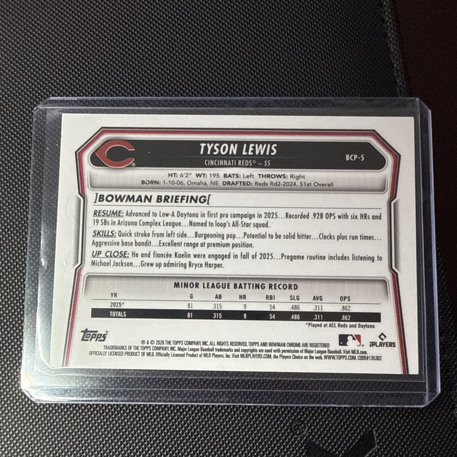 2026 Bowman Chrome Tyson Lewis /25 Orange Reptilian Refractor #BCP-5