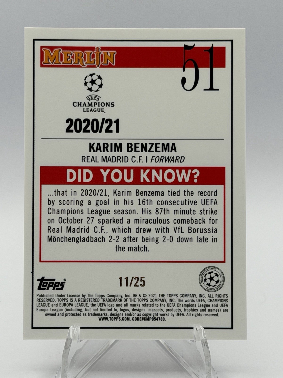 2020-21 Topps Merlin Collection Chrome UCL Karim Benzema #51 Orange 11/25 SSP