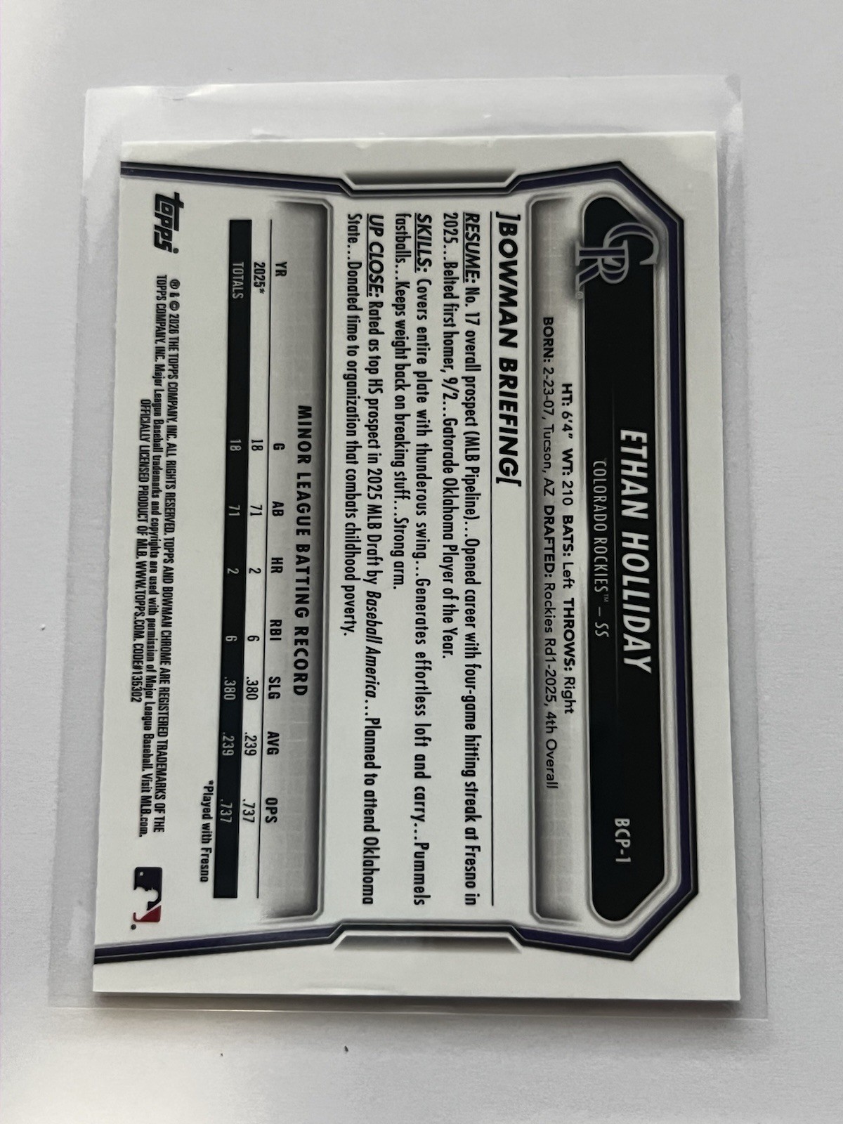 2026 Bowman Chrome Ethan Holliday Mini Diamond RefractorBCP-1 FIRST WEEK RELEASE
