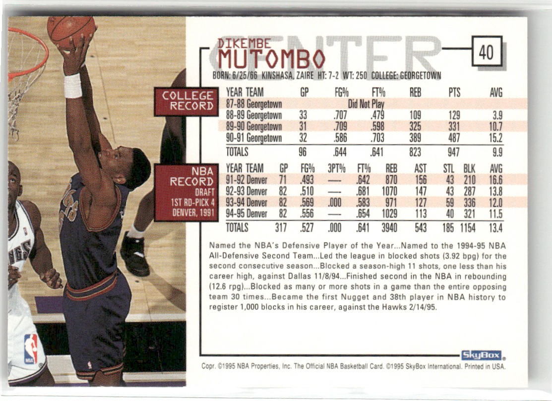 1995-96 HOOPS #40 DIKEMBE MUTOMBO DENVER NUGGETS
