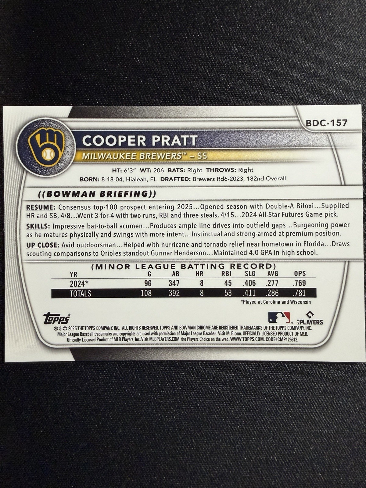 2025 Bowman Draft #BDC-157 Cooper Pratt Sapphire Edition