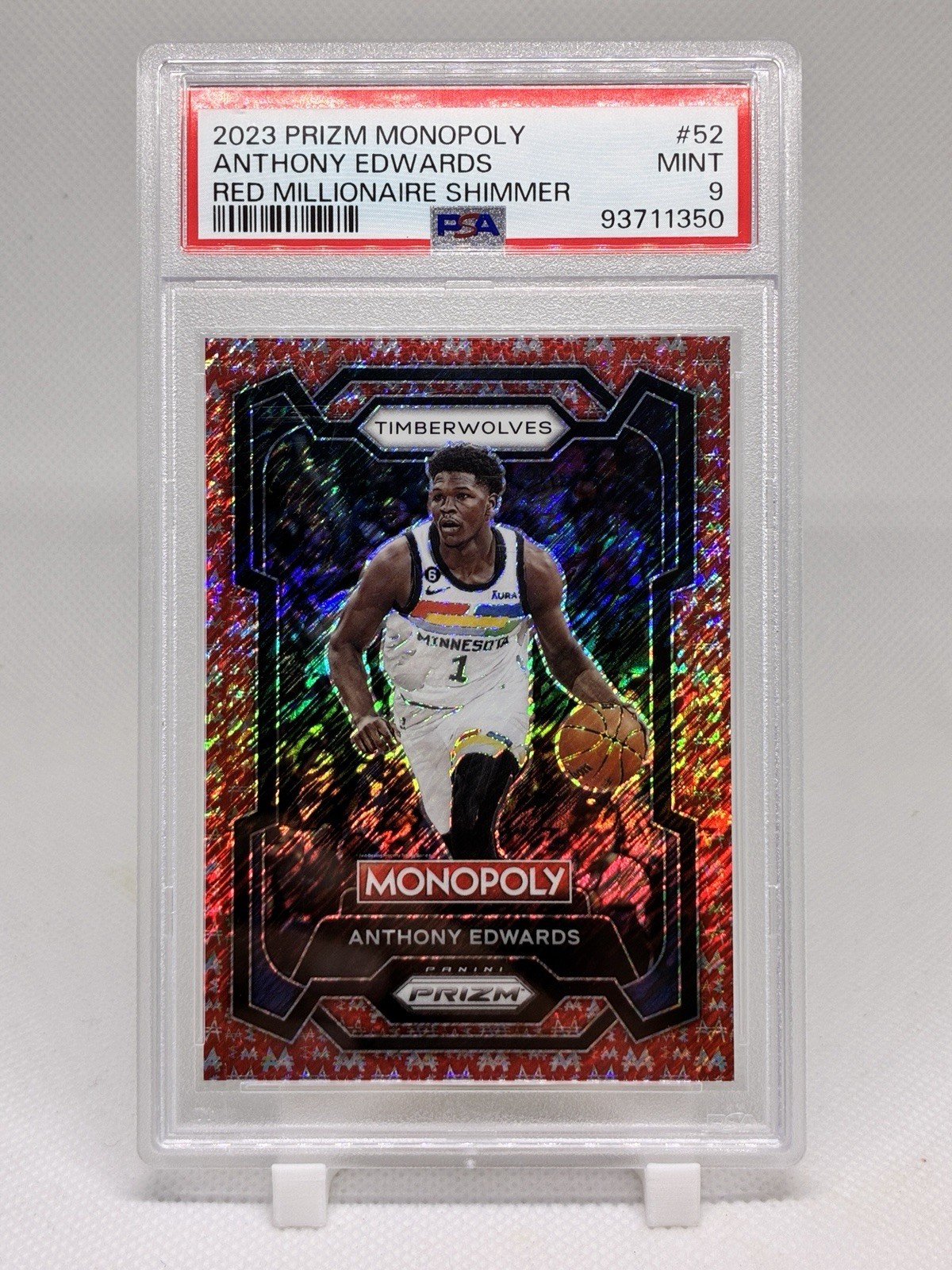 2023-24 Panini Prizm Monopoly – Anthony Edwards #52 Millionaire Red Shimmer /100