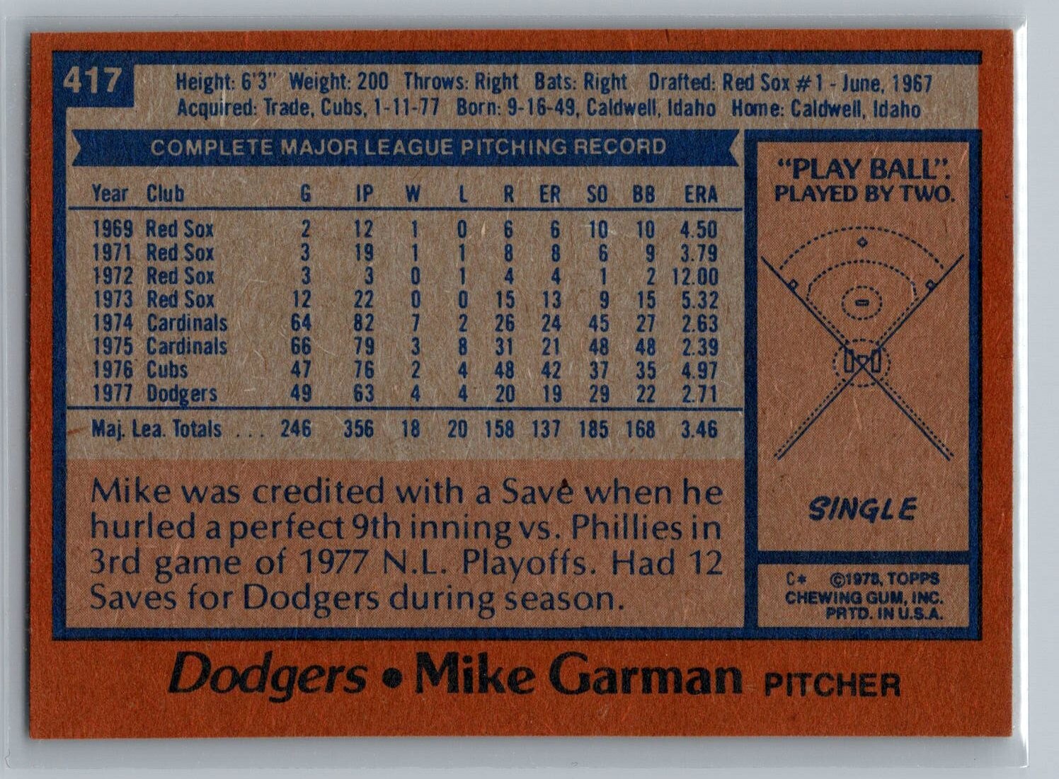 1978 Topps #417 Mike Garman Los Angeles Dodgers – Nice Card