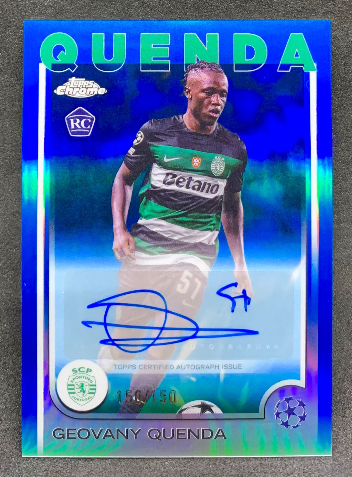 2024-25 Topps Chrome UEFA GEOVANY QUENDA Blue Refractor Rookie Auto RC SP /150