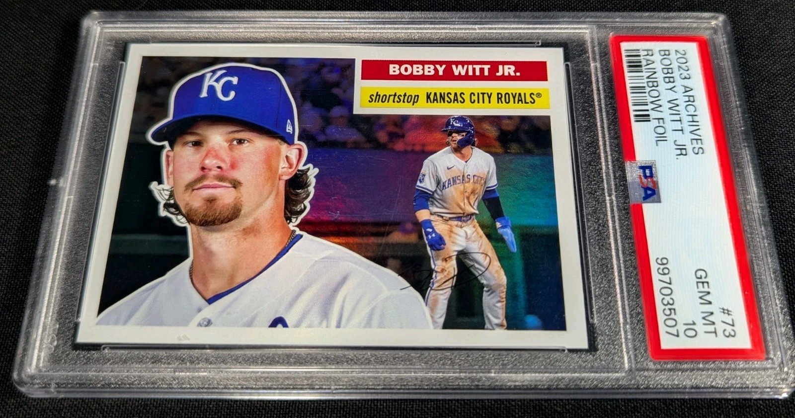 PSA 10 1/1 SP #’d /199 BOBBY WITT JR. RAINBOW FOIL 2023 Topps Archives #73