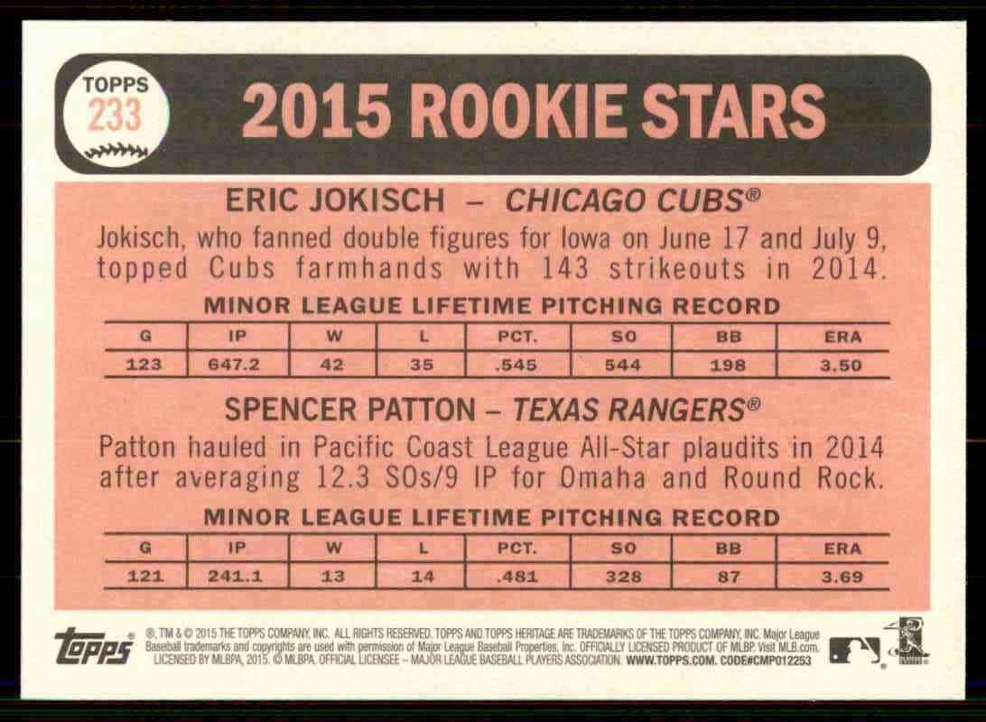 2015 Topps Heritage Eric Jokisch RC / Spencer Patton RC #233
