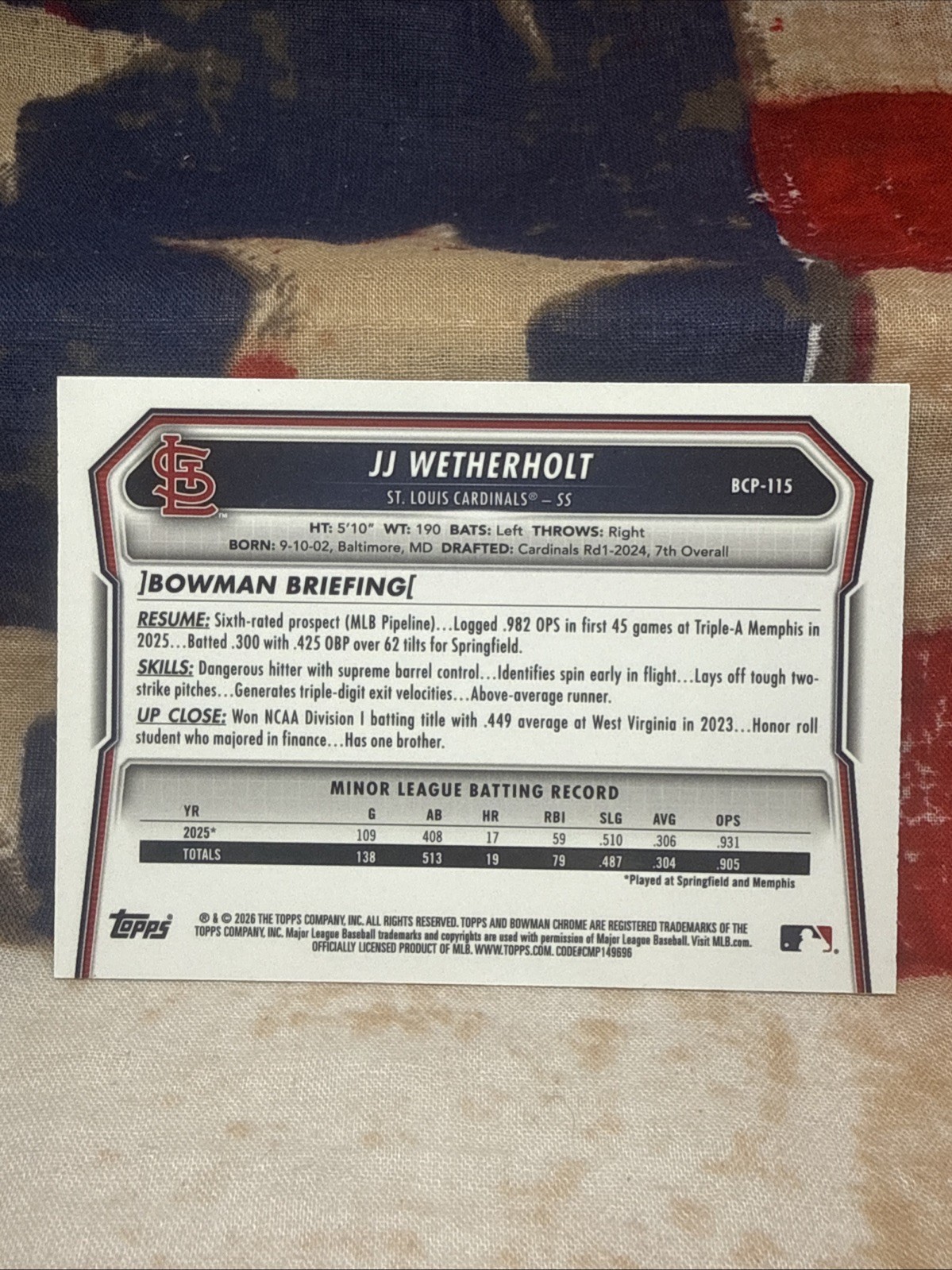 2026 Bowman – Burgundy Mojo Refractor 146/275 JJ WEATHERHOLT #BCP-115 Cardinals