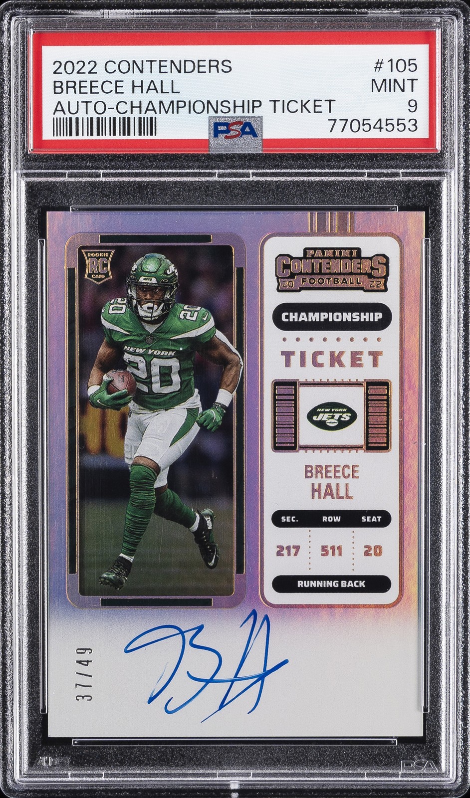 2022 PANINI CONTENDERS AUTO-CHAMP TICKET #105 BREECE HALL ROOKIE 37/49 PSA 9