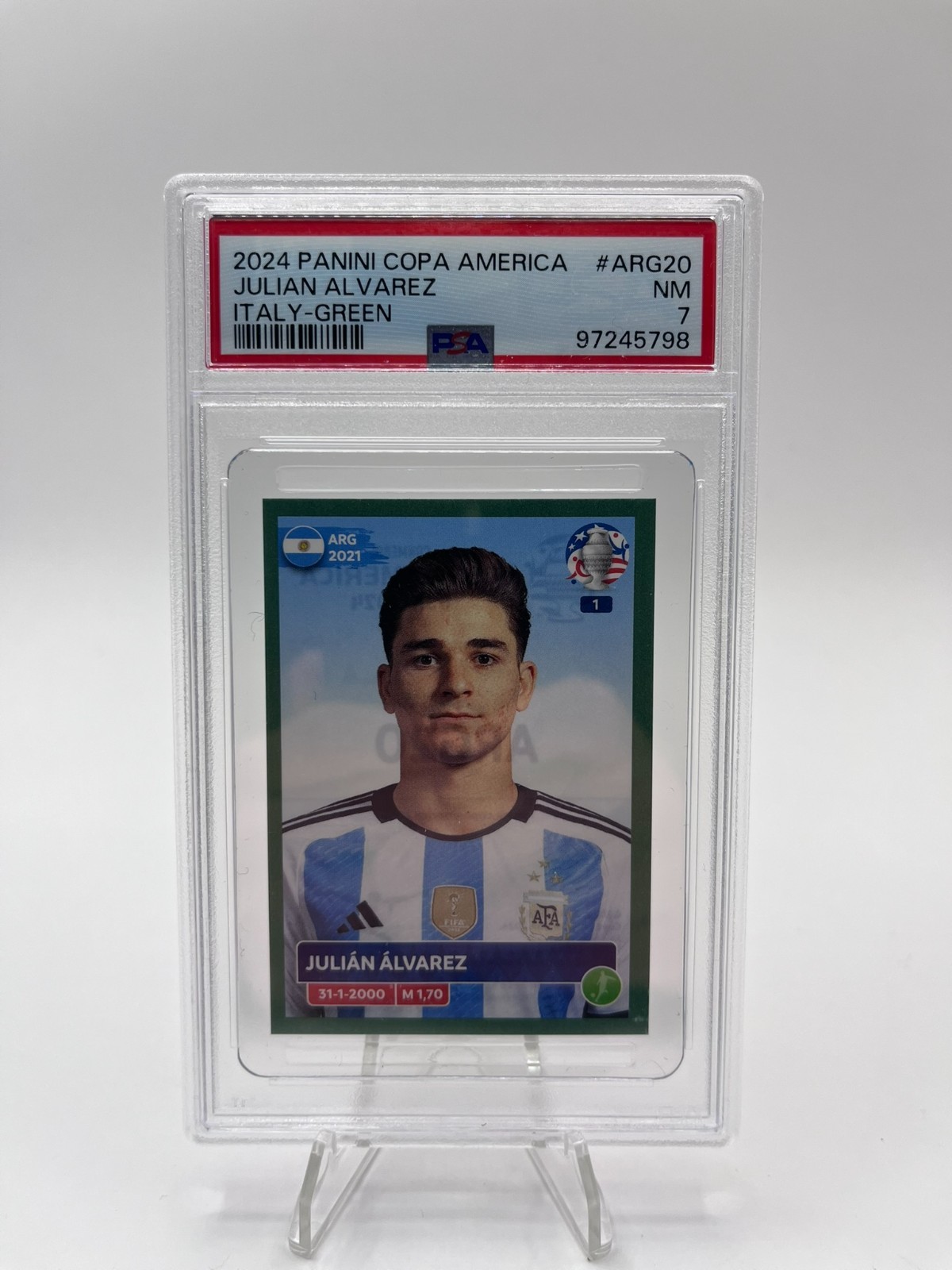 2024 Panini Copa America – Julian Alvarez #ARG20 – Italy-Green Sticker – PSA 7