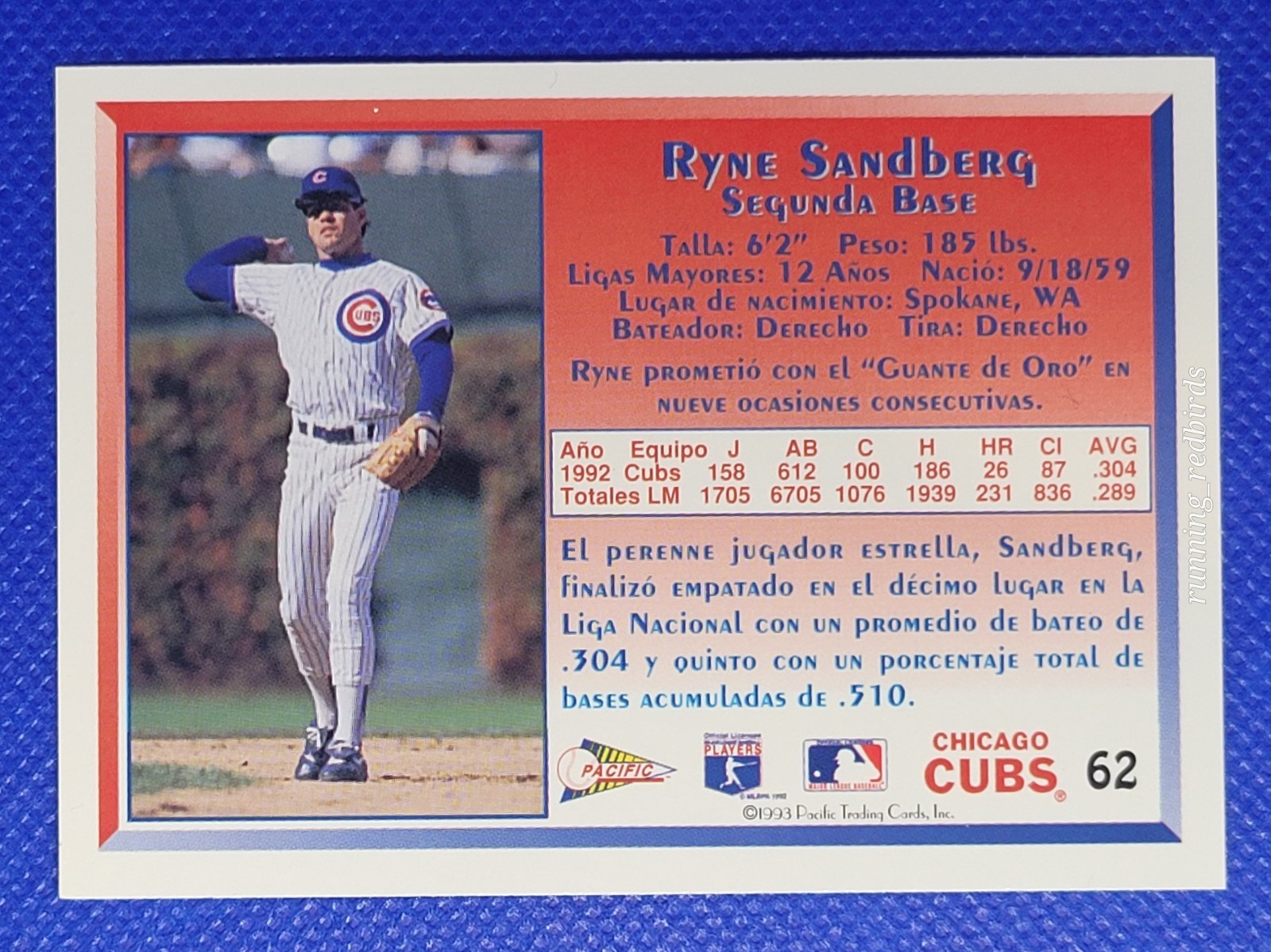 1993 Pacific Spanish Ryne Sandberg #62 Cubs HOF – 10+ Items Ship FREE!