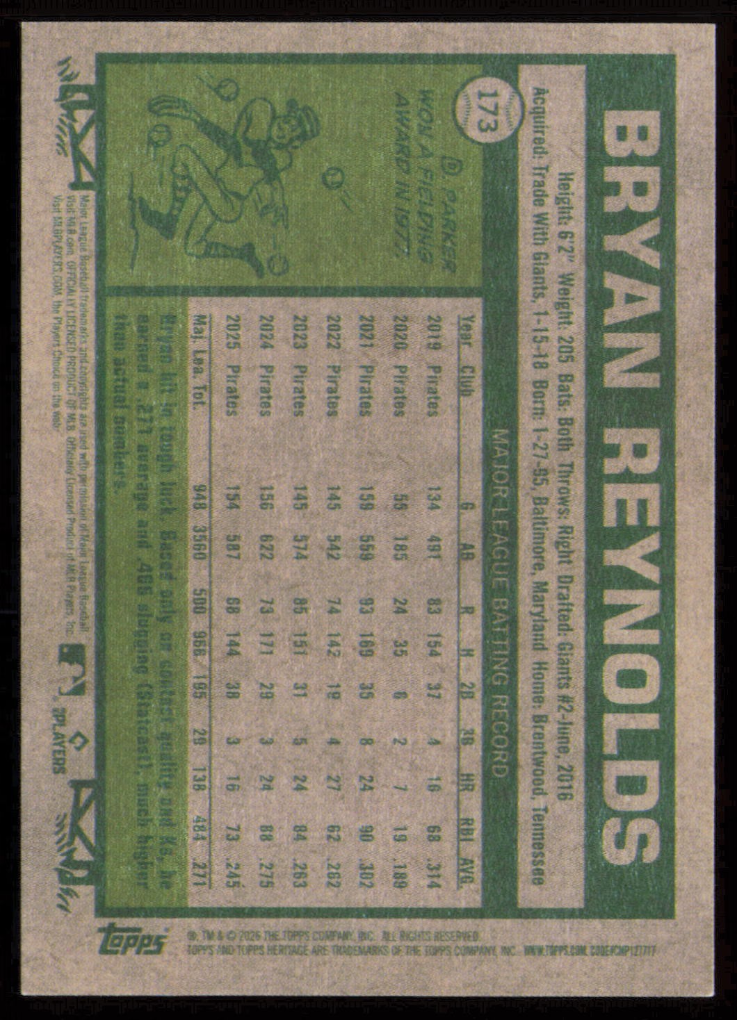 2026 Topps Heritage #173 Bryan Reynolds Light Purple
