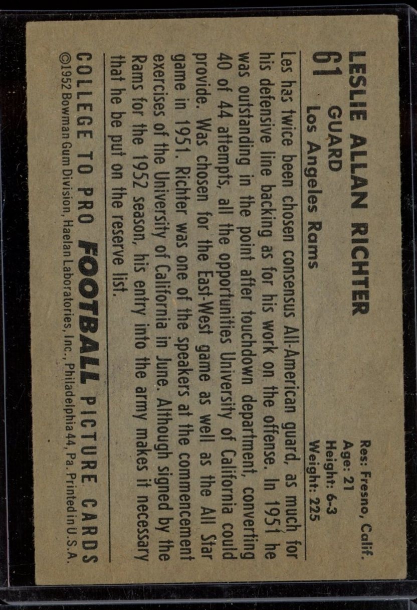 1952 Bowman Large #61 Les Richter Rams RC HOF Corner Dings VG+ LOOK!