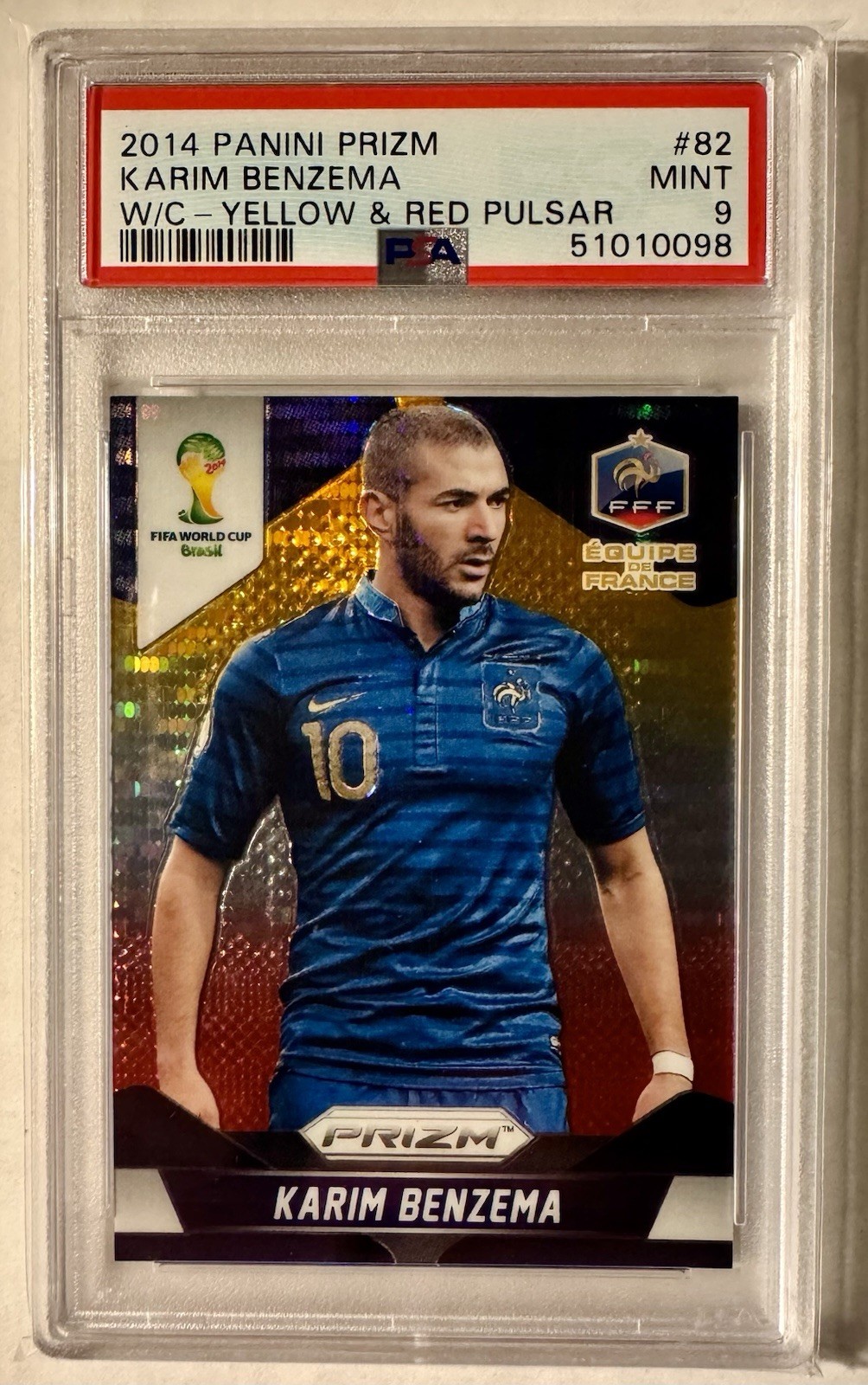 2014 Panini Prizm World Cup Yellow & Red Pulsar #82 Karim Benzema PSA 9 Mint