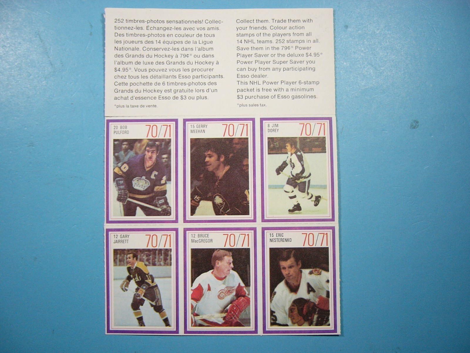 1970/71 ESSO POWER PLAYERS NHL STAMP FULL PANEL ATTACHED BOB PULFORD JIM DOREY
