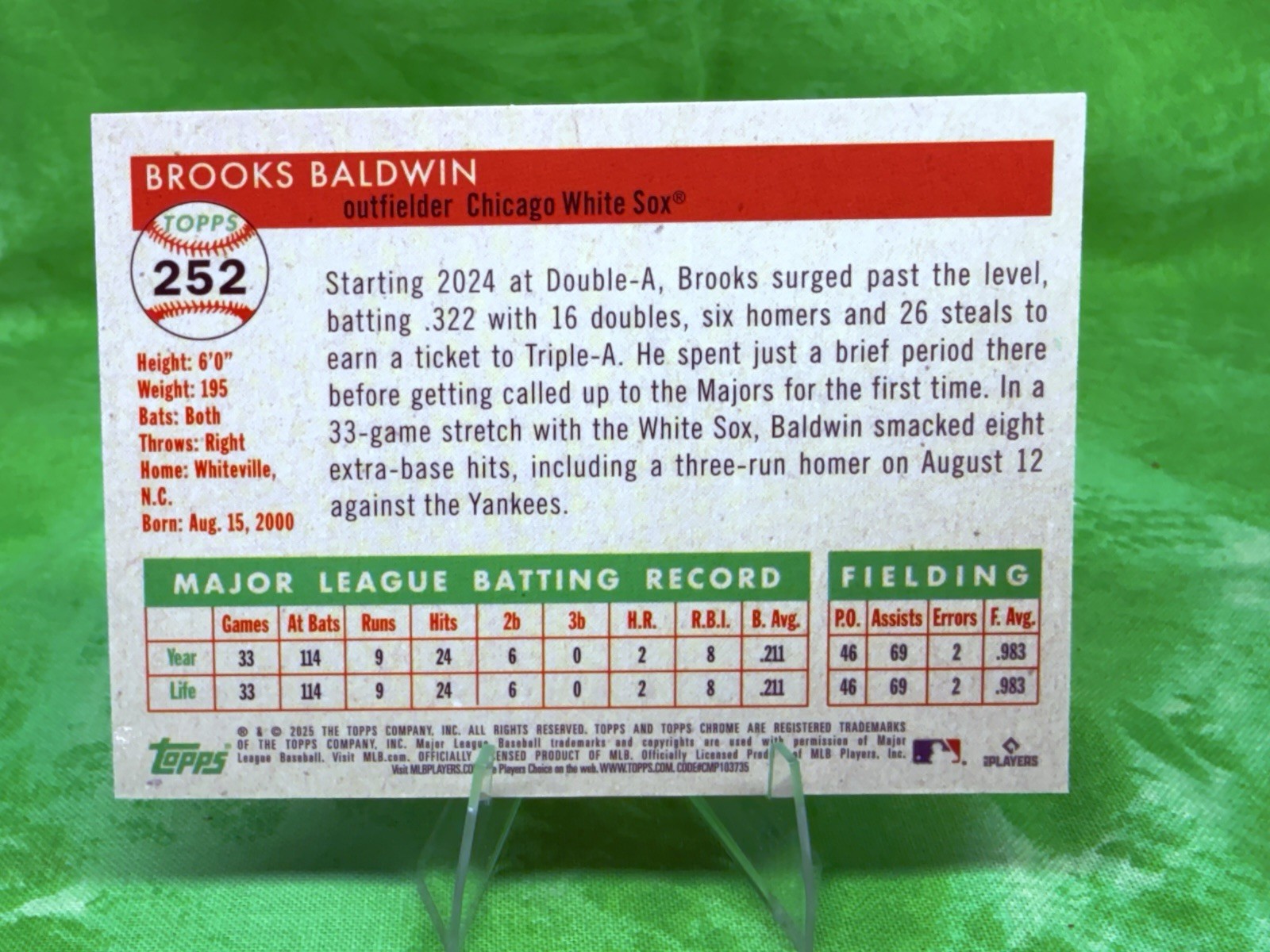 Brooks Baldwin RC 2025 Topps Chrome Platinum Anniversary #252 Chicago White Sox