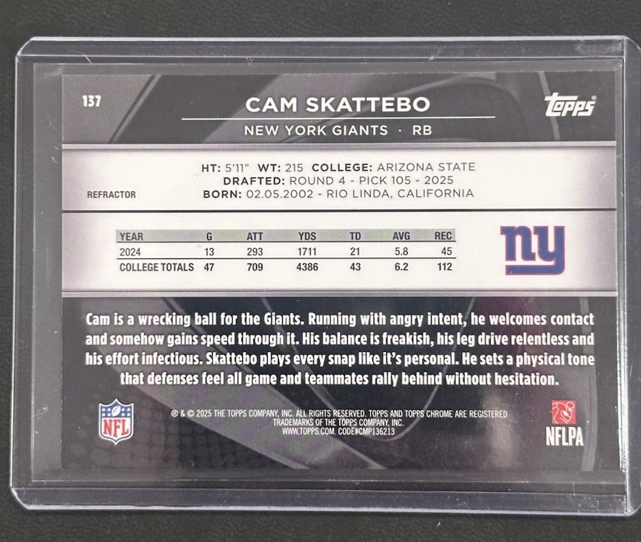25 Topps Chrome Black Cam Skattebo Rookie Refractor /299! RC New York Giants 137