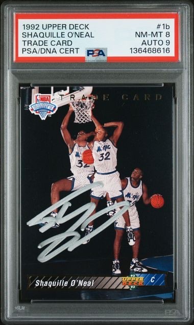 1992 Shaquille O’Neal Upper Deck Trade Card Silver Ink Auto PSA 8 Auto 9 Magic