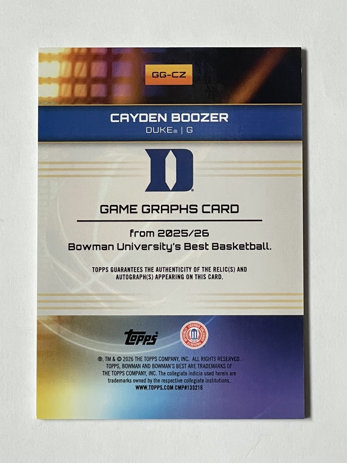 2025-26 Bowman U Best Cayden Boozer Game Graphs Patch Auto Refractor Duke 🔥📈