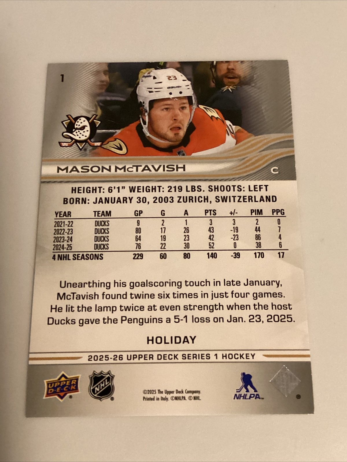 2025-26 NHL Upper Deck #1-Mason McTavish-Anaheim Ducks