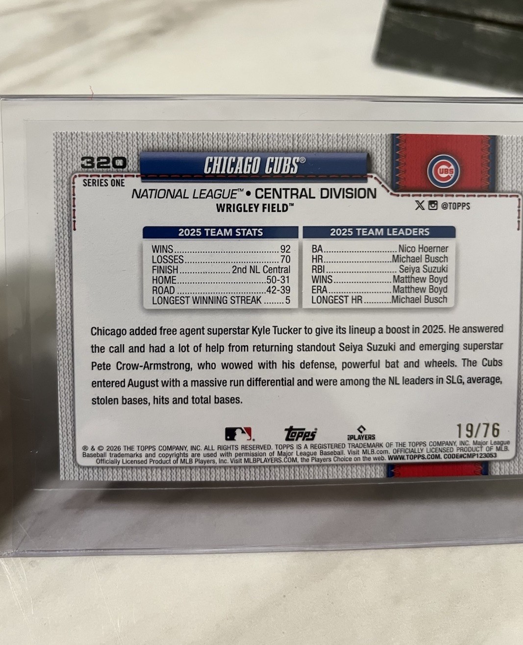 2025 26 Topps Series 1 Chicago Cubs Team Card # 60 Independence Day 19/76 Rare!
