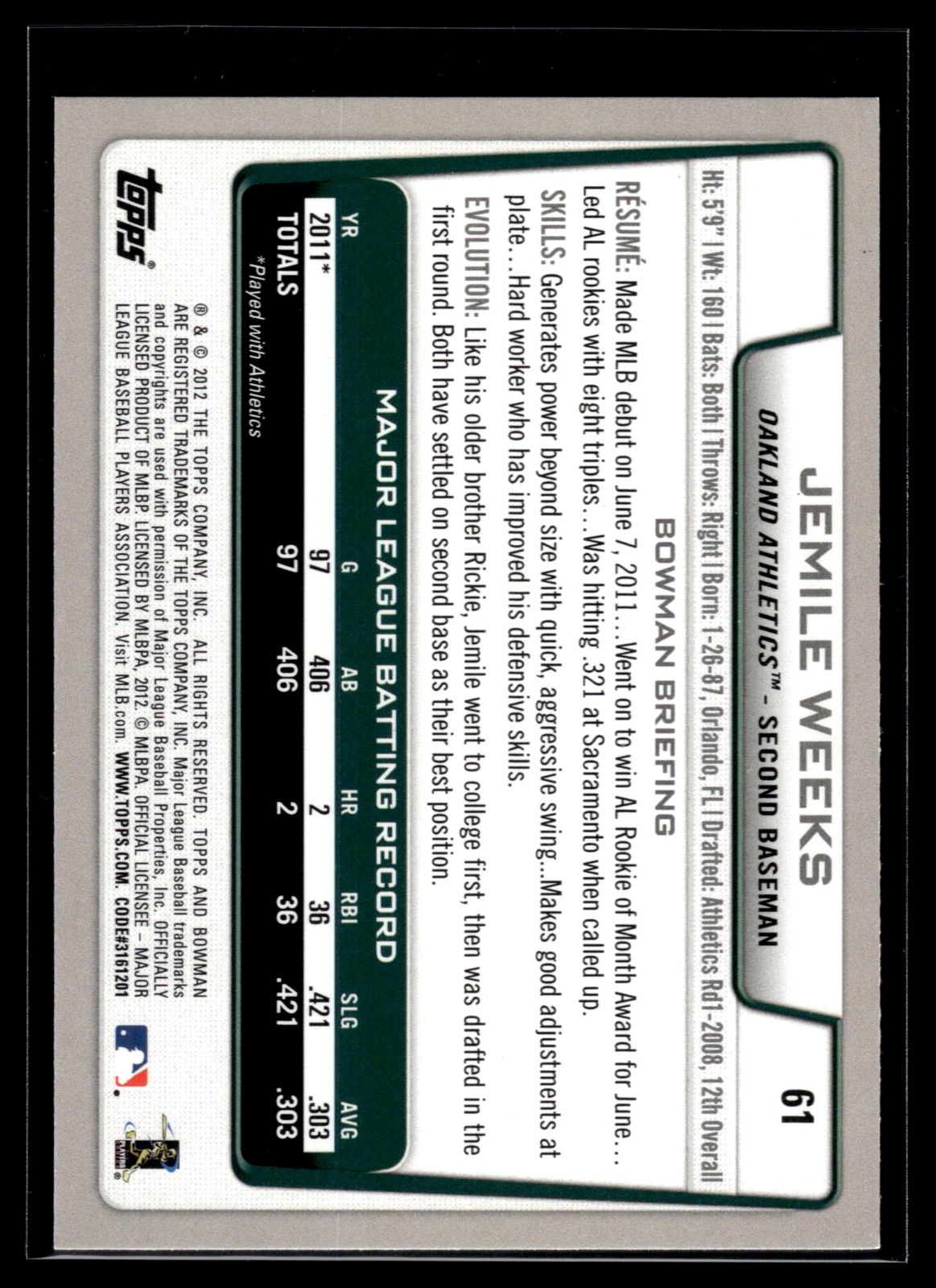 Jemile Weeks 2012 Bowman Card #61