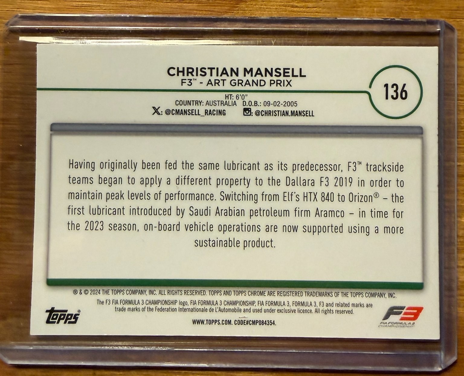 Christian Mansell Grand Prix 24 Topps Chrome Green Speckle Refractor #136 7/299