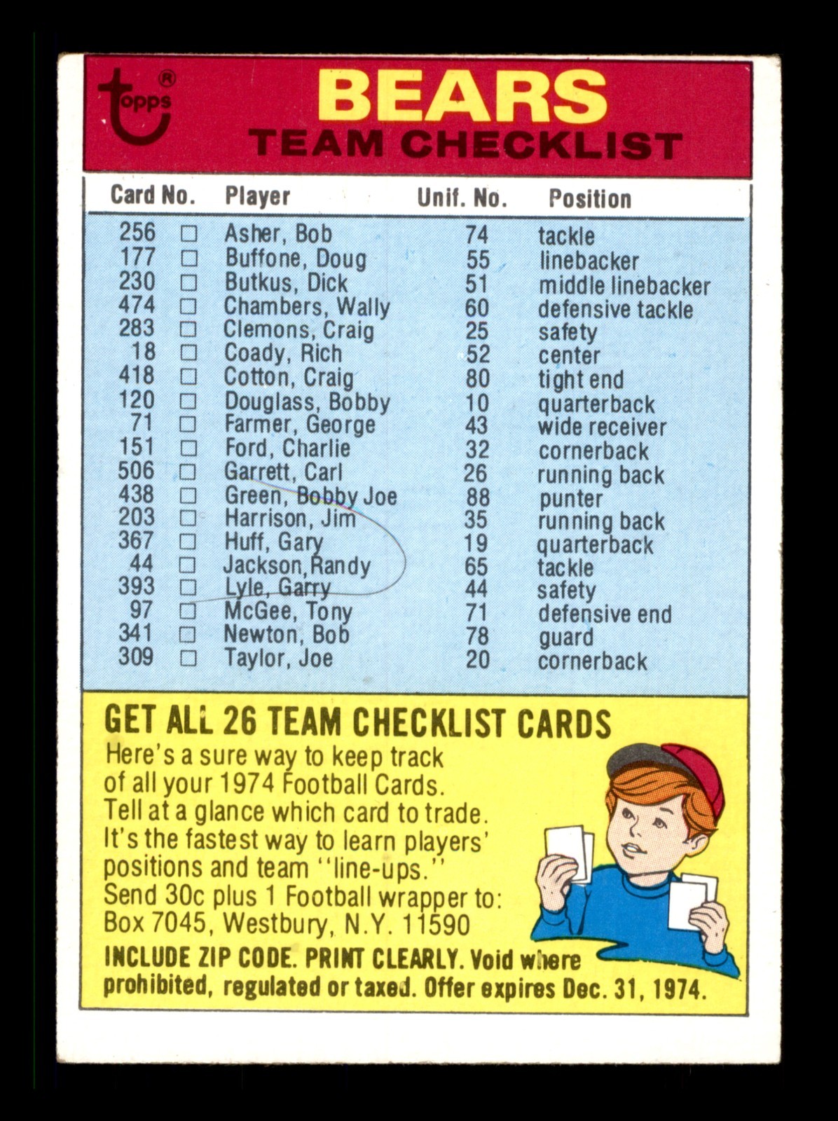 1974 TOPPS FOOTBALL TEAM CHECKLIST / SEE DROP DOWN MENU 4 CARD U WILL RECIEVE