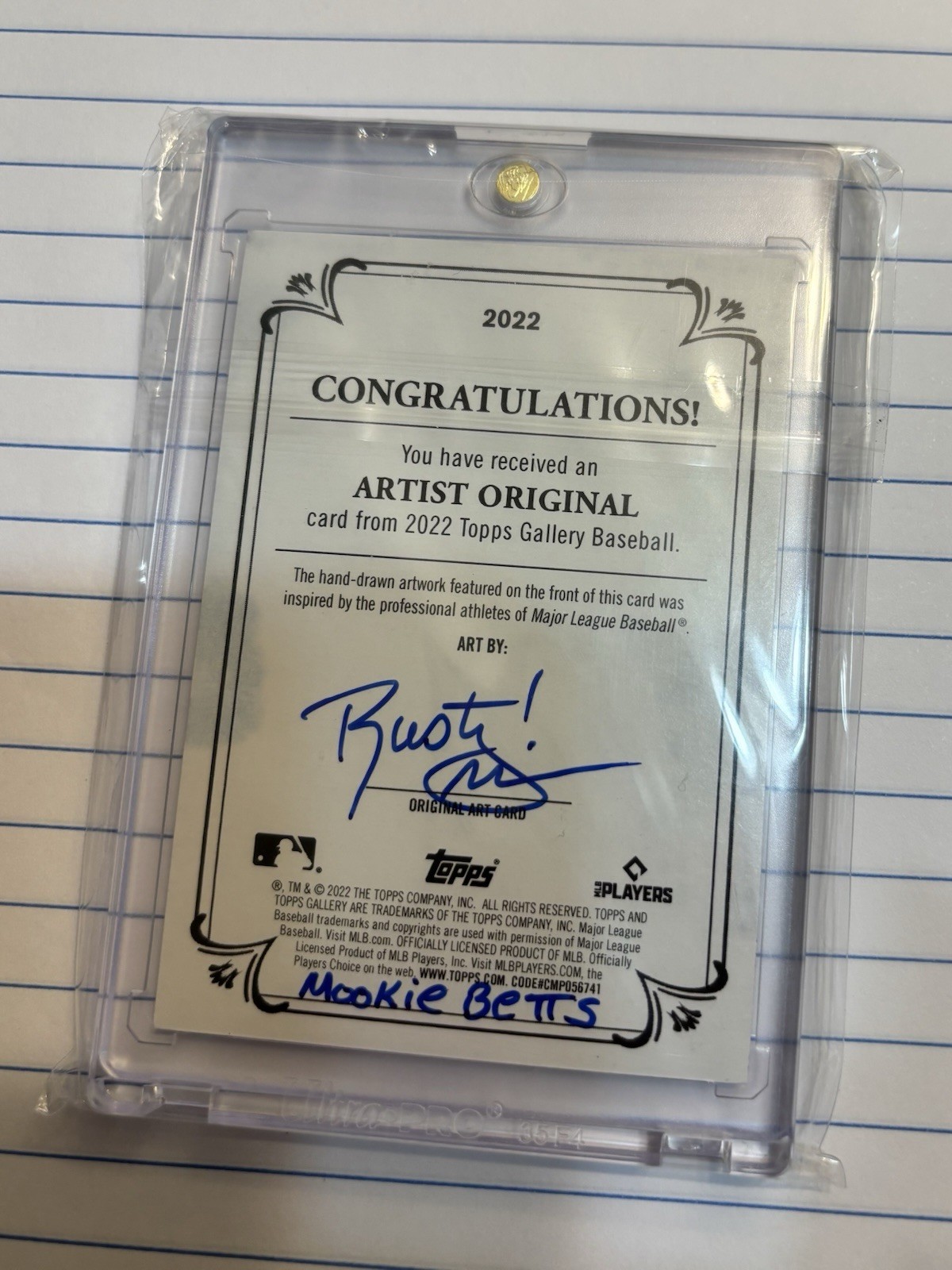 Topps 2022 Gallery Baseball Mookie Betts Artist Original 1/1 Signed Dodgers